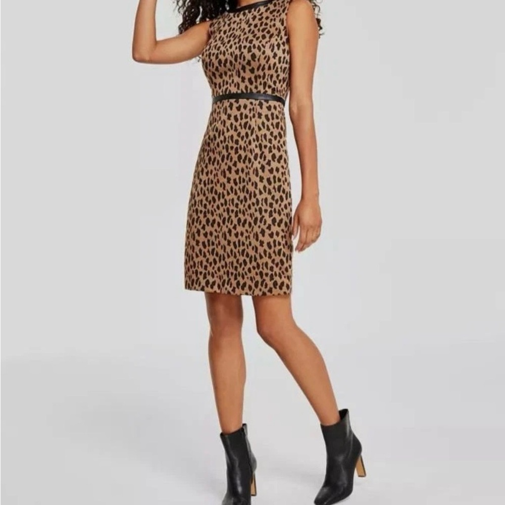 Kasper Cheetah Print Animal-Jacquard Faux-Leather-Trim Sheath Sz 10 FREE SHIP - Picture 3 of 10
